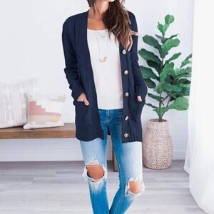 Buttoned Knit Cardigan Tunic Length Dark Blue Front Pockets Like New size XL/XXL